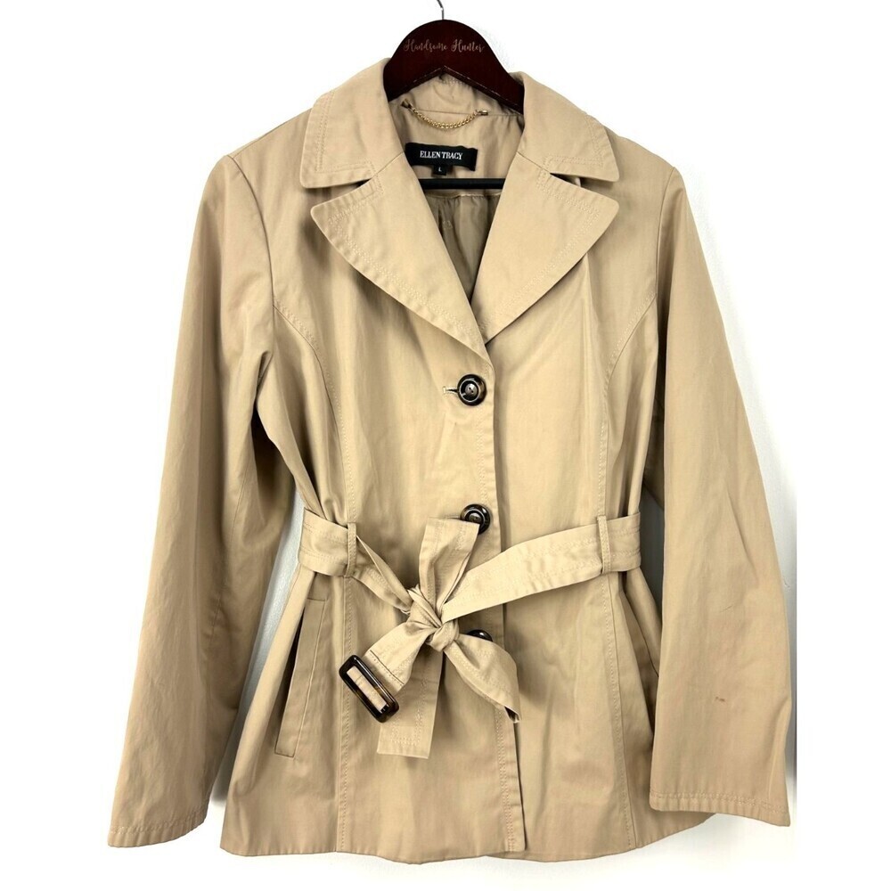 Ellen Tracy Womens Classic Tan Mid Length Trench Coat Small Flaw Sz L 1168N1 - Picture 4 of 12